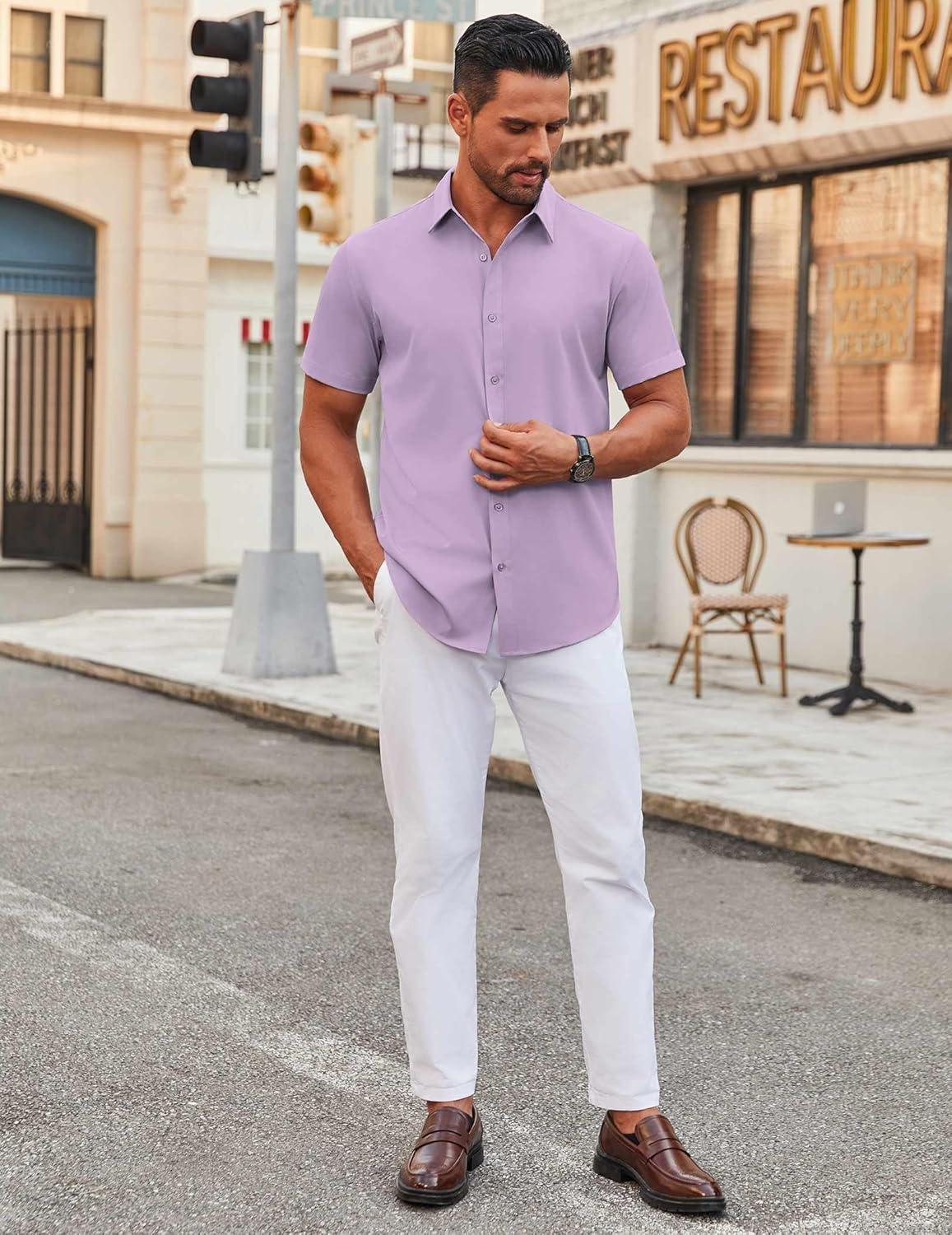 imageCOOFANDY Mens Stretch Dress Shirts Short Sleeve Wrinkle Free Casual Button Down ShirtsLavender