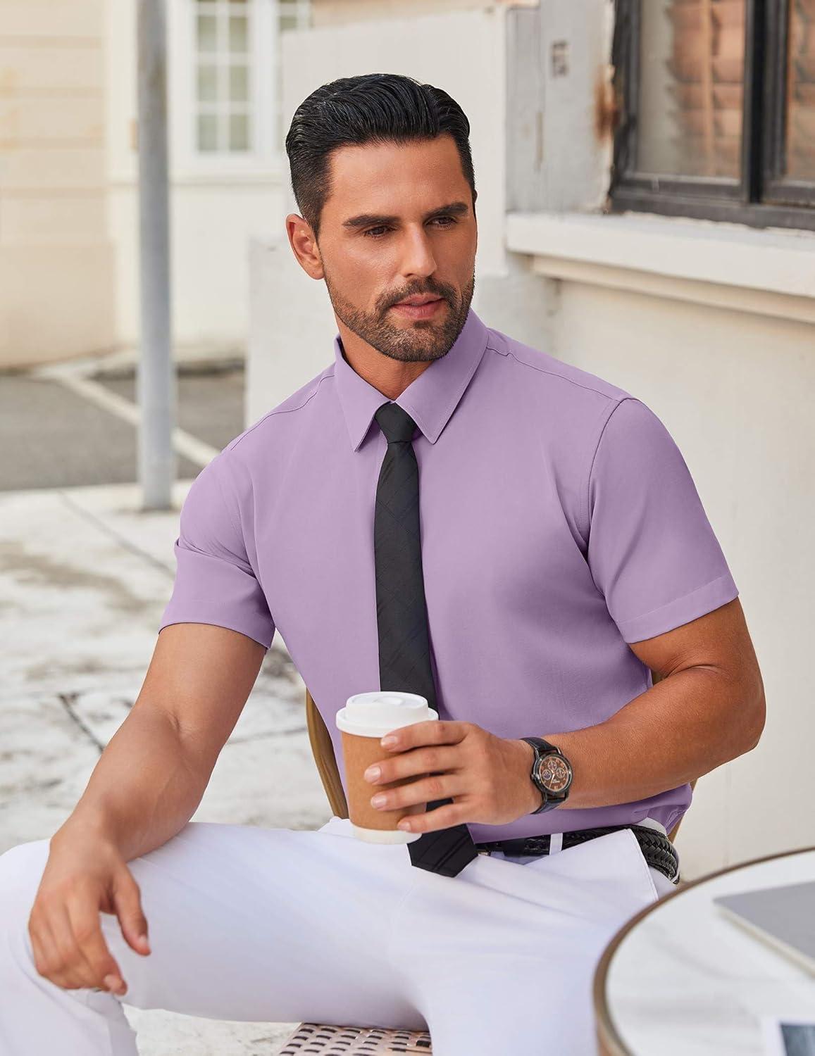 imageCOOFANDY Mens Stretch Dress Shirts Short Sleeve Wrinkle Free Casual Button Down ShirtsLavender