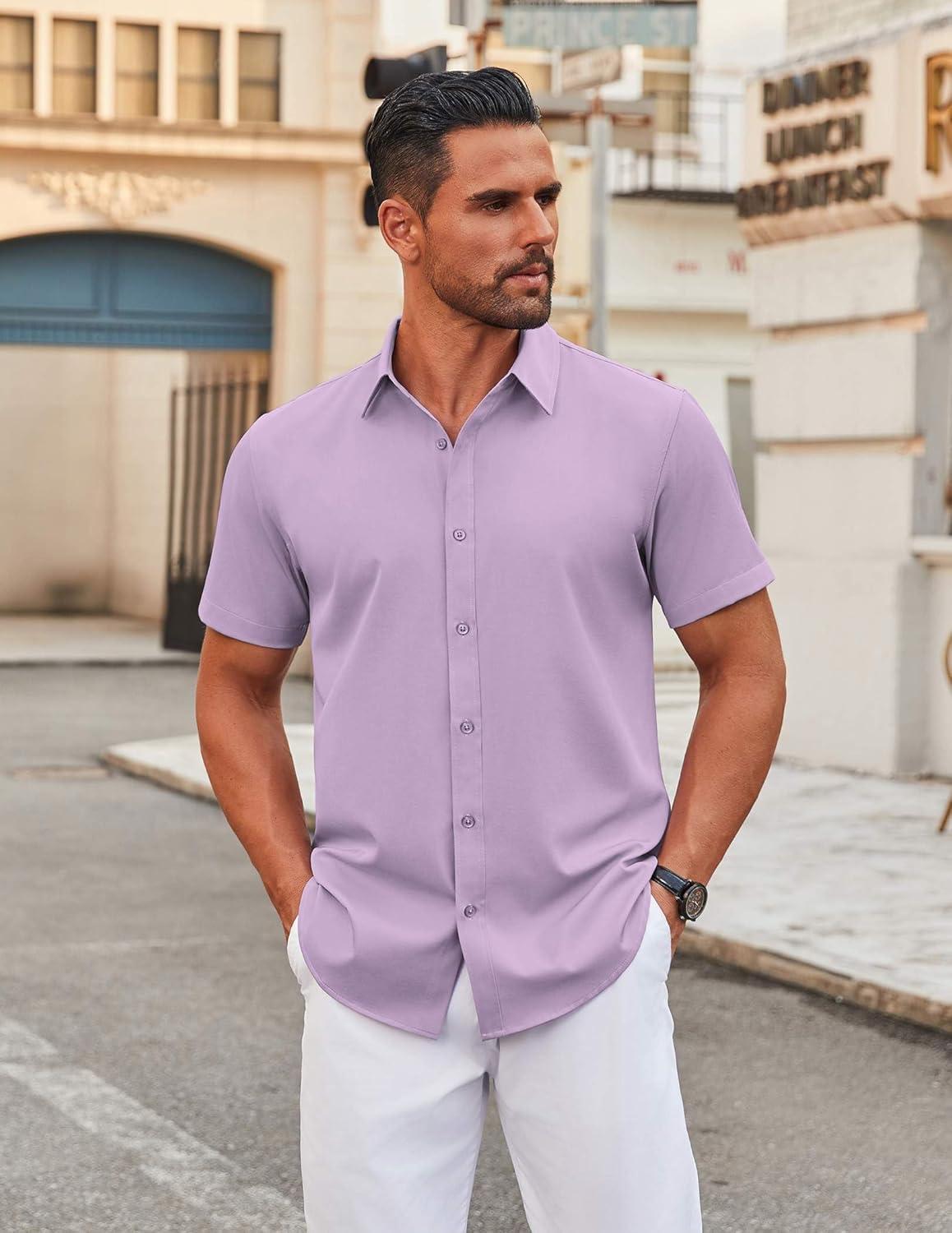imageCOOFANDY Mens Stretch Dress Shirts Short Sleeve Wrinkle Free Casual Button Down ShirtsLavender