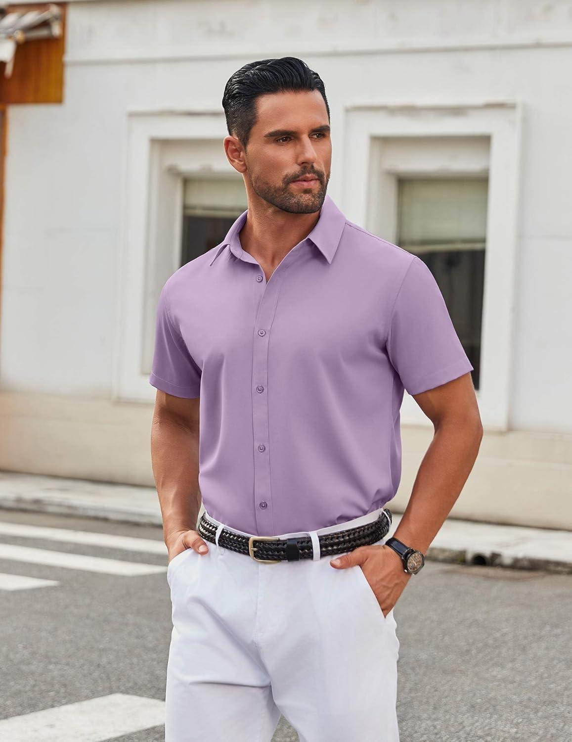 imageCOOFANDY Mens Stretch Dress Shirts Short Sleeve Wrinkle Free Casual Button Down ShirtsLavender