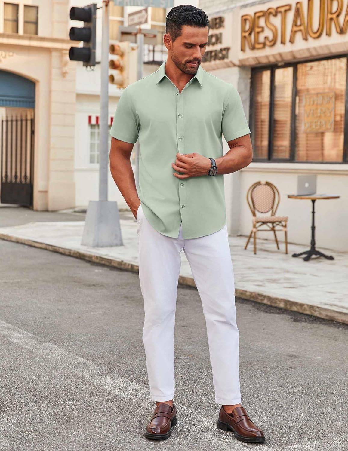 imageCOOFANDY Mens Stretch Dress Shirts Short Sleeve Wrinkle Free Casual Button Down ShirtsLight Green