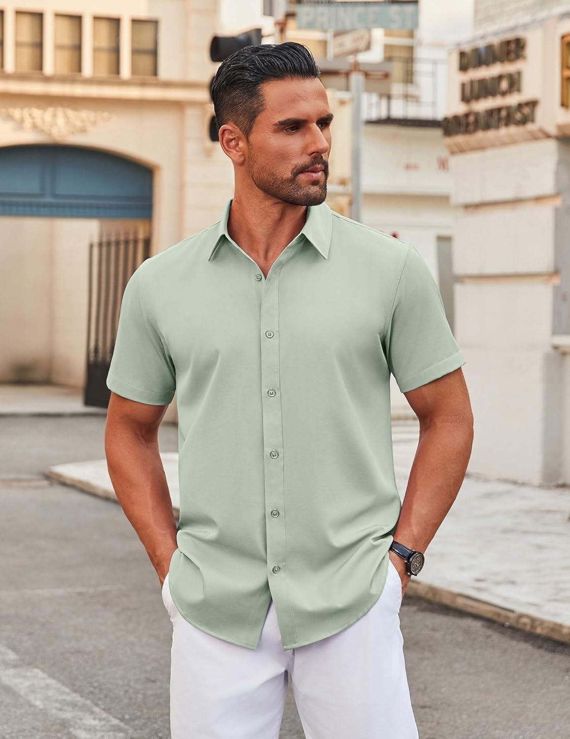 imageCOOFANDY Mens Stretch Dress Shirts Short Sleeve Wrinkle Free Casual Button Down ShirtsLight Green