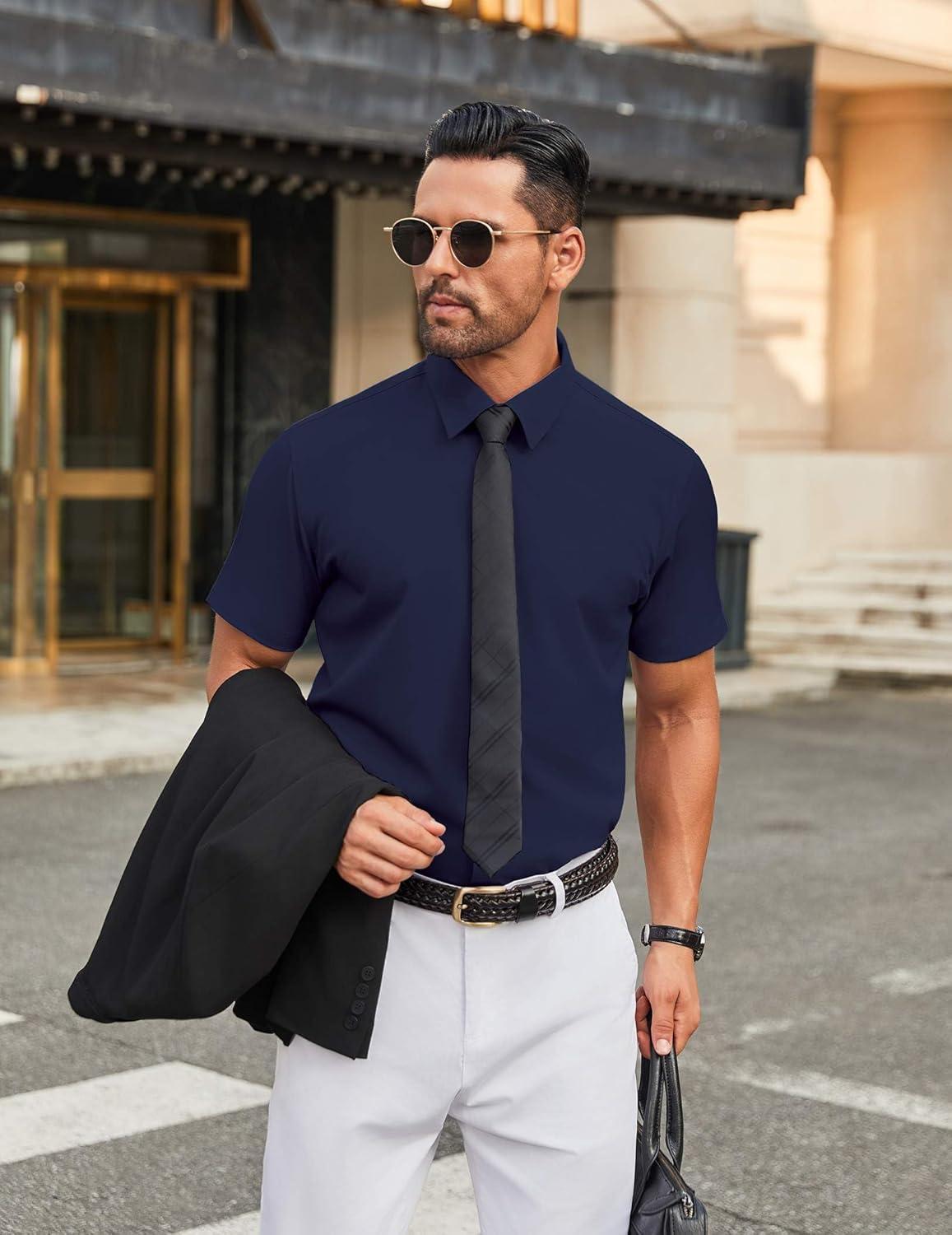 imageCOOFANDY Mens Stretch Dress Shirts Short Sleeve Wrinkle Free Casual Button Down ShirtsMidnight Blue