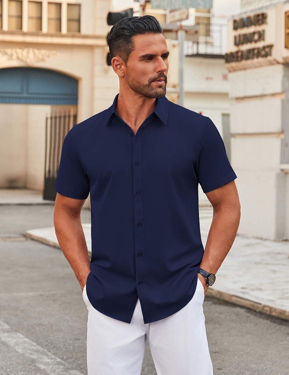 imageCOOFANDY Mens Stretch Dress Shirts Short Sleeve Wrinkle Free Casual Button Down ShirtsMidnight Blue