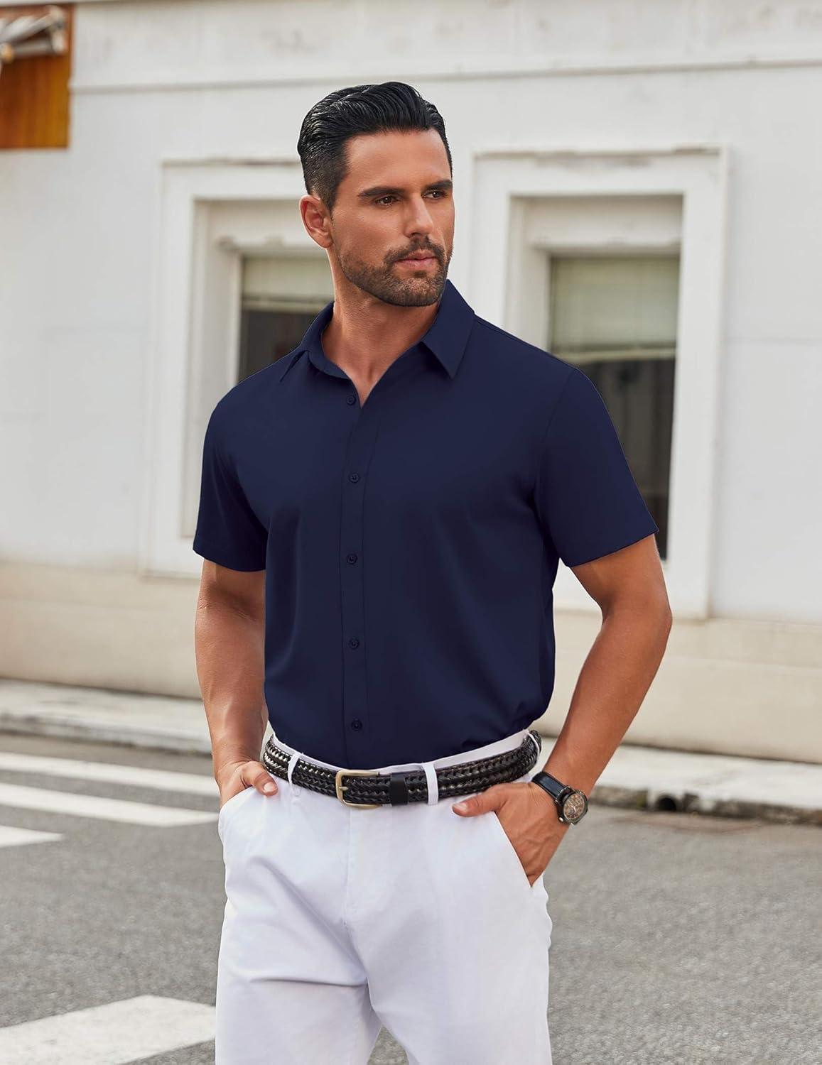 imageCOOFANDY Mens Stretch Dress Shirts Short Sleeve Wrinkle Free Casual Button Down ShirtsMidnight Blue