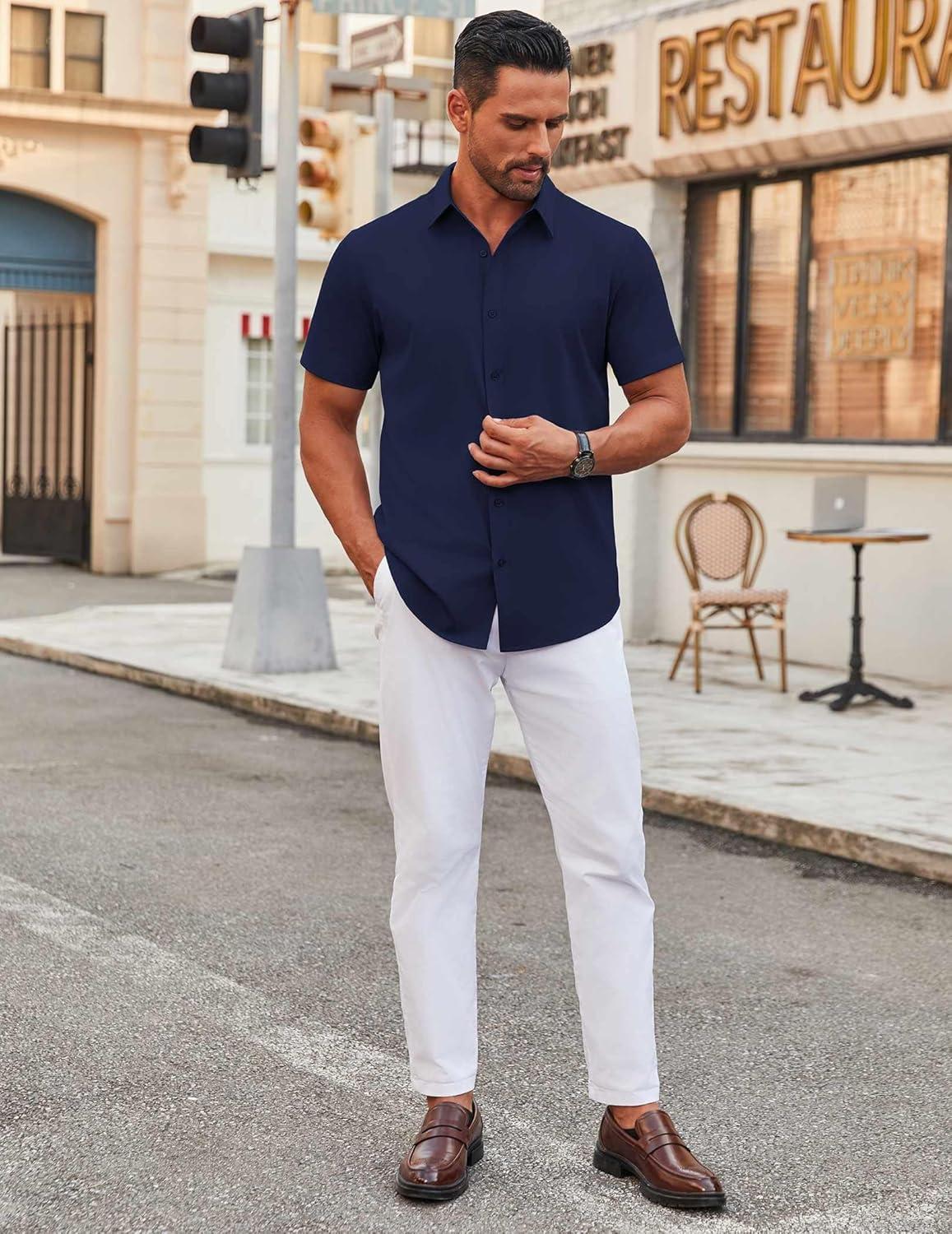 imageCOOFANDY Mens Stretch Dress Shirts Short Sleeve Wrinkle Free Casual Button Down ShirtsMidnight Blue