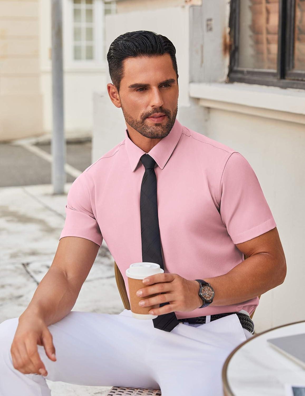 imageCOOFANDY Mens Stretch Dress Shirts Short Sleeve Wrinkle Free Casual Button Down ShirtsPink