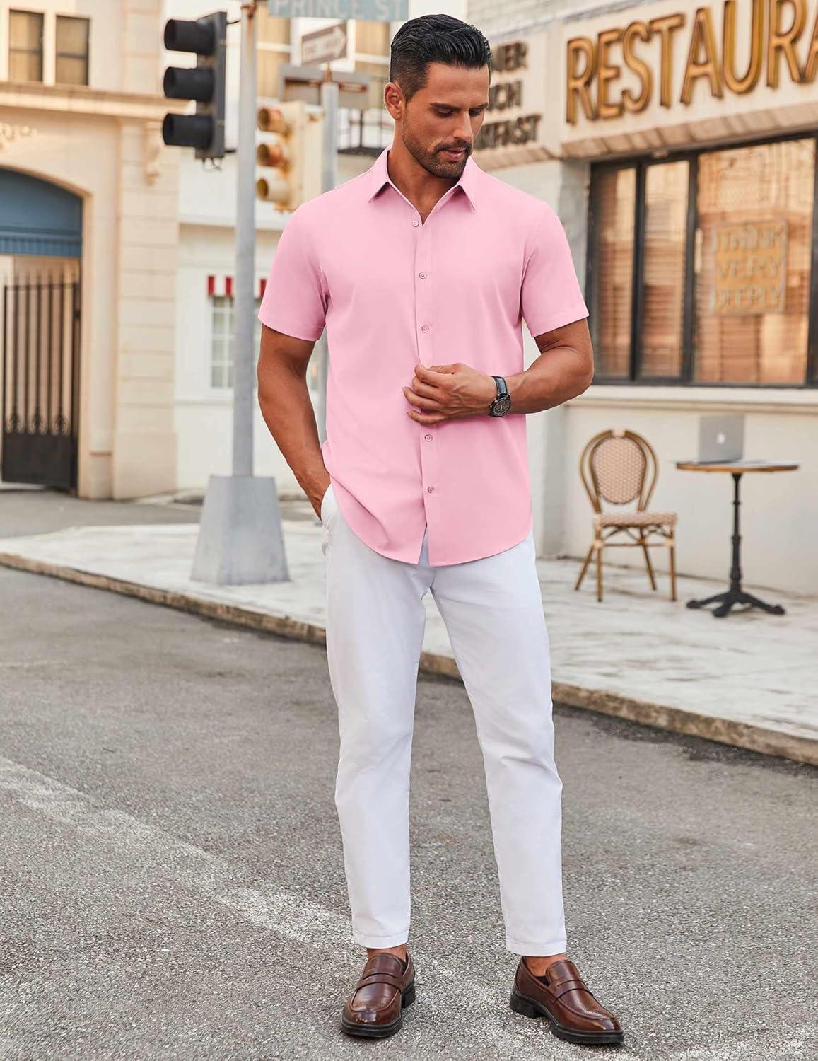 imageCOOFANDY Mens Stretch Dress Shirts Short Sleeve Wrinkle Free Casual Button Down ShirtsPink
