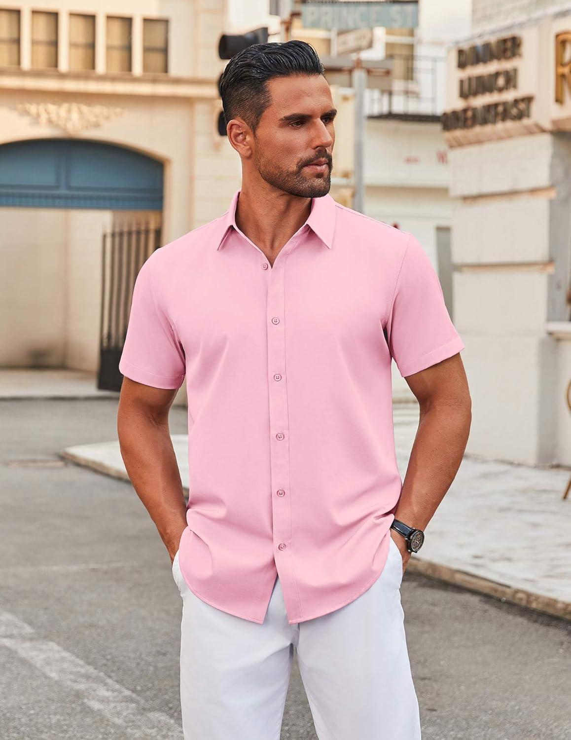 imageCOOFANDY Mens Stretch Dress Shirts Short Sleeve Wrinkle Free Casual Button Down ShirtsPink