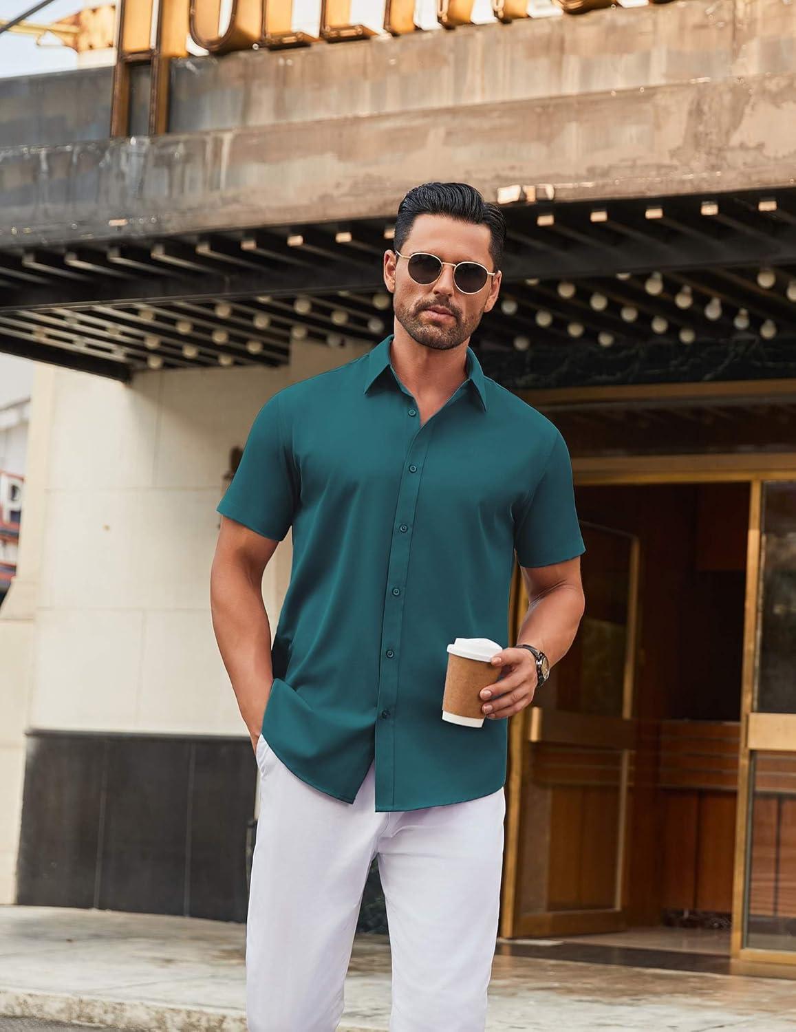 imageCOOFANDY Mens Stretch Dress Shirts Short Sleeve Wrinkle Free Casual Button Down ShirtsTeal