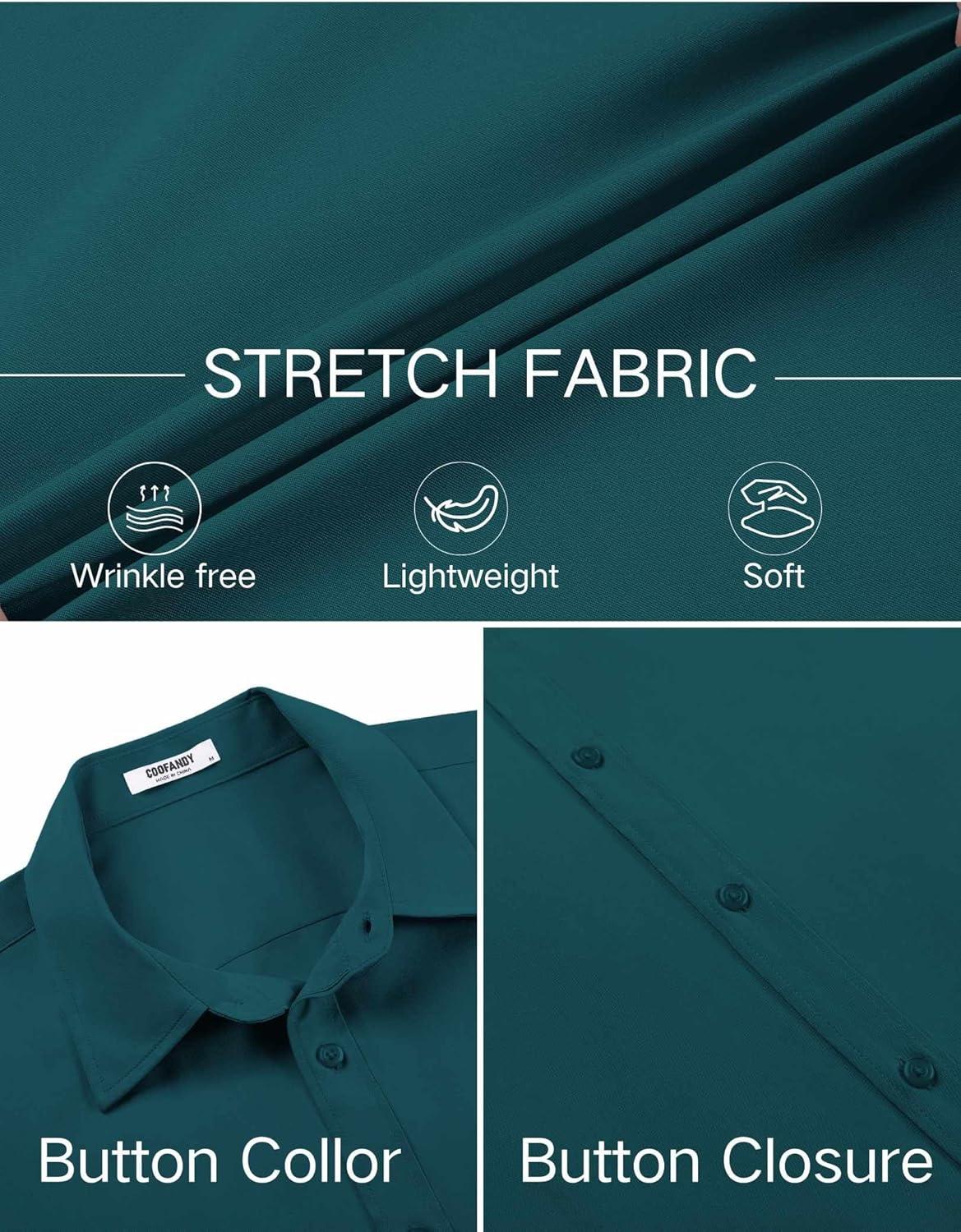 imageCOOFANDY Mens Stretch Dress Shirts Short Sleeve Wrinkle Free Casual Button Down ShirtsTeal