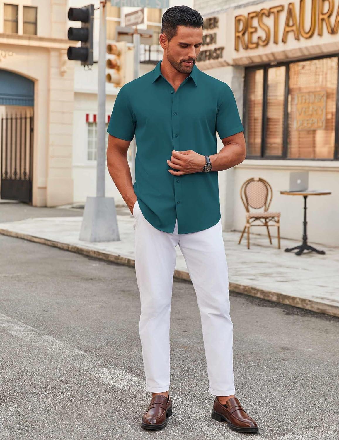 imageCOOFANDY Mens Stretch Dress Shirts Short Sleeve Wrinkle Free Casual Button Down ShirtsTeal