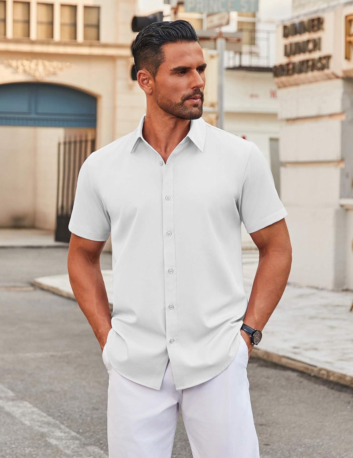 imageCOOFANDY Mens Stretch Dress Shirts Short Sleeve Wrinkle Free Casual Button Down ShirtsWhite