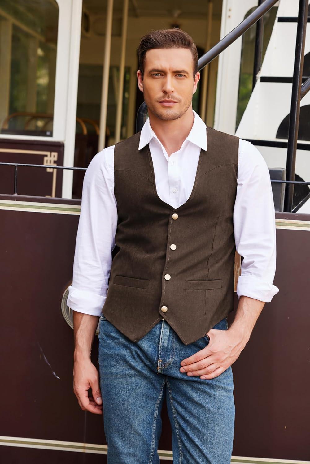 imageCOOFANDY Mens Suede Leather Vest Cowboy Western Waistcoat Casual Slim Fit Suit Vest01coffe