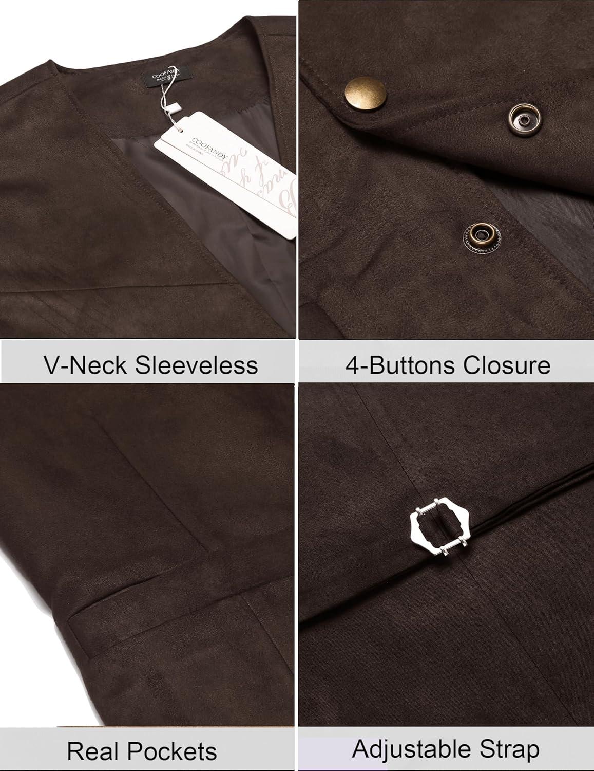 imageCOOFANDY Mens Suede Leather Vest Cowboy Western Waistcoat Casual Slim Fit Suit Vest01coffe