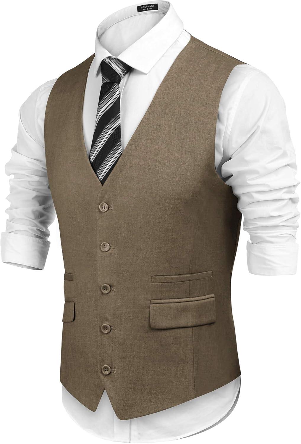 imageCOOFANDY Mens Suit Vest Formal Dress Vest Slim Fit Buesiness WeddingKhaki