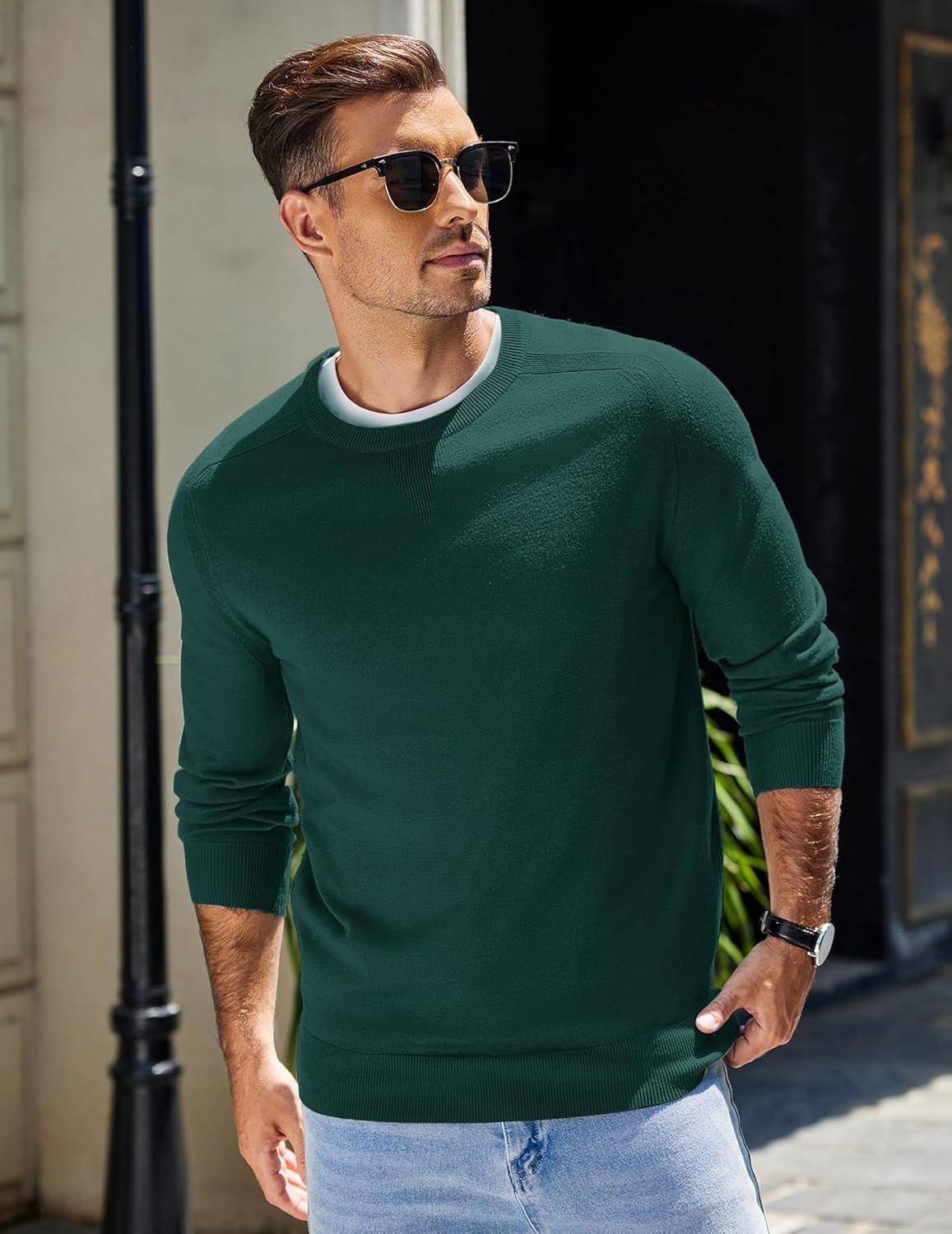 imageCOOFANDY Mens Sweater Crewneck Pullover Long Sleeve Lightweight Sweater Plain Knit Silm FitBright Green