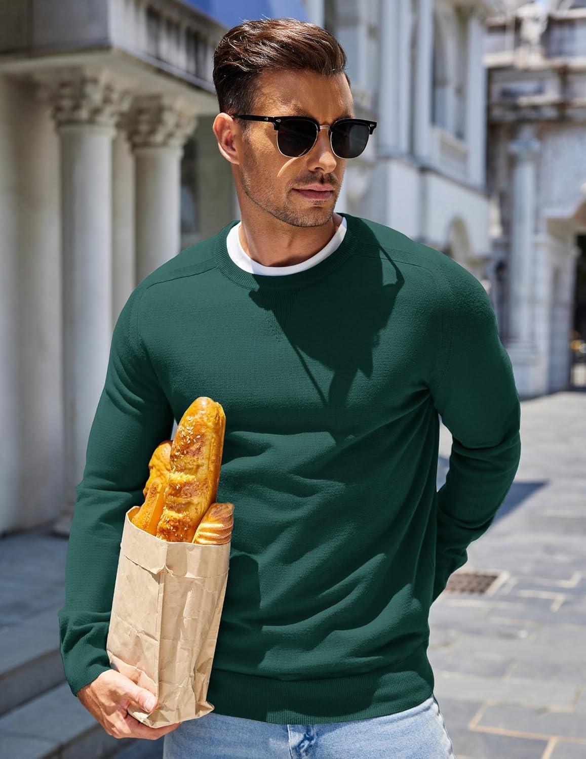 imageCOOFANDY Mens Sweater Crewneck Pullover Long Sleeve Lightweight Sweater Plain Knit Silm FitBright Green