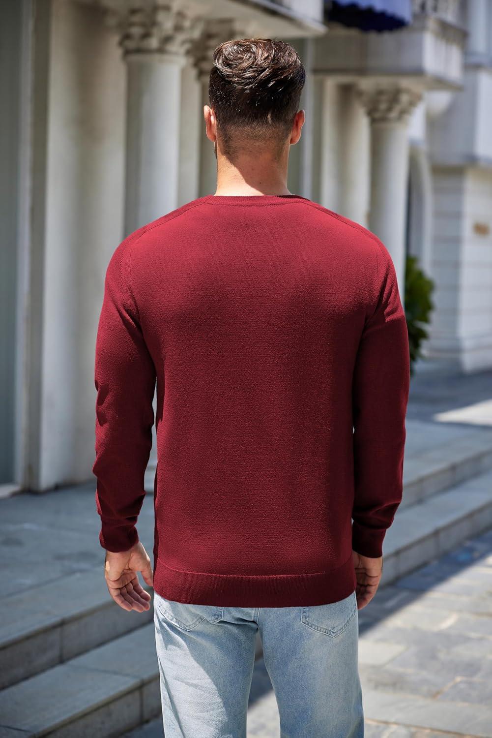 imageCOOFANDY Mens Sweater Crewneck Pullover Long Sleeve Lightweight Sweater Plain Knit Silm FitDark Red