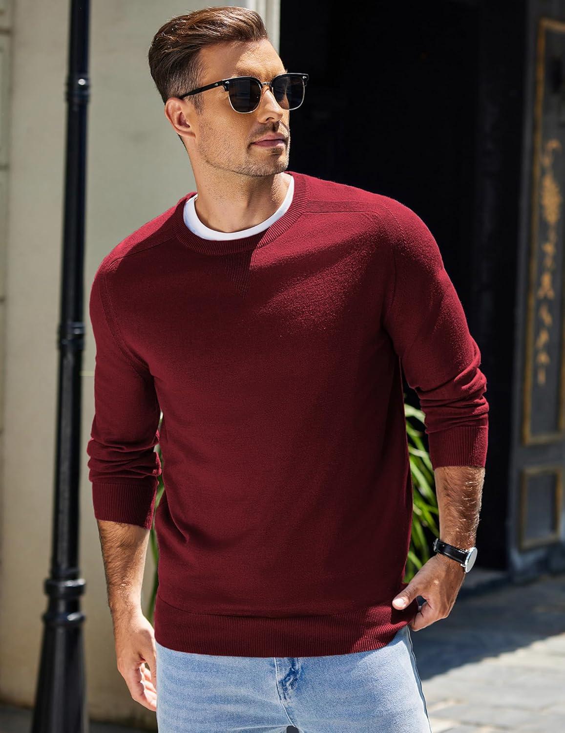 imageCOOFANDY Mens Sweater Crewneck Pullover Long Sleeve Lightweight Sweater Plain Knit Silm FitDark Red
