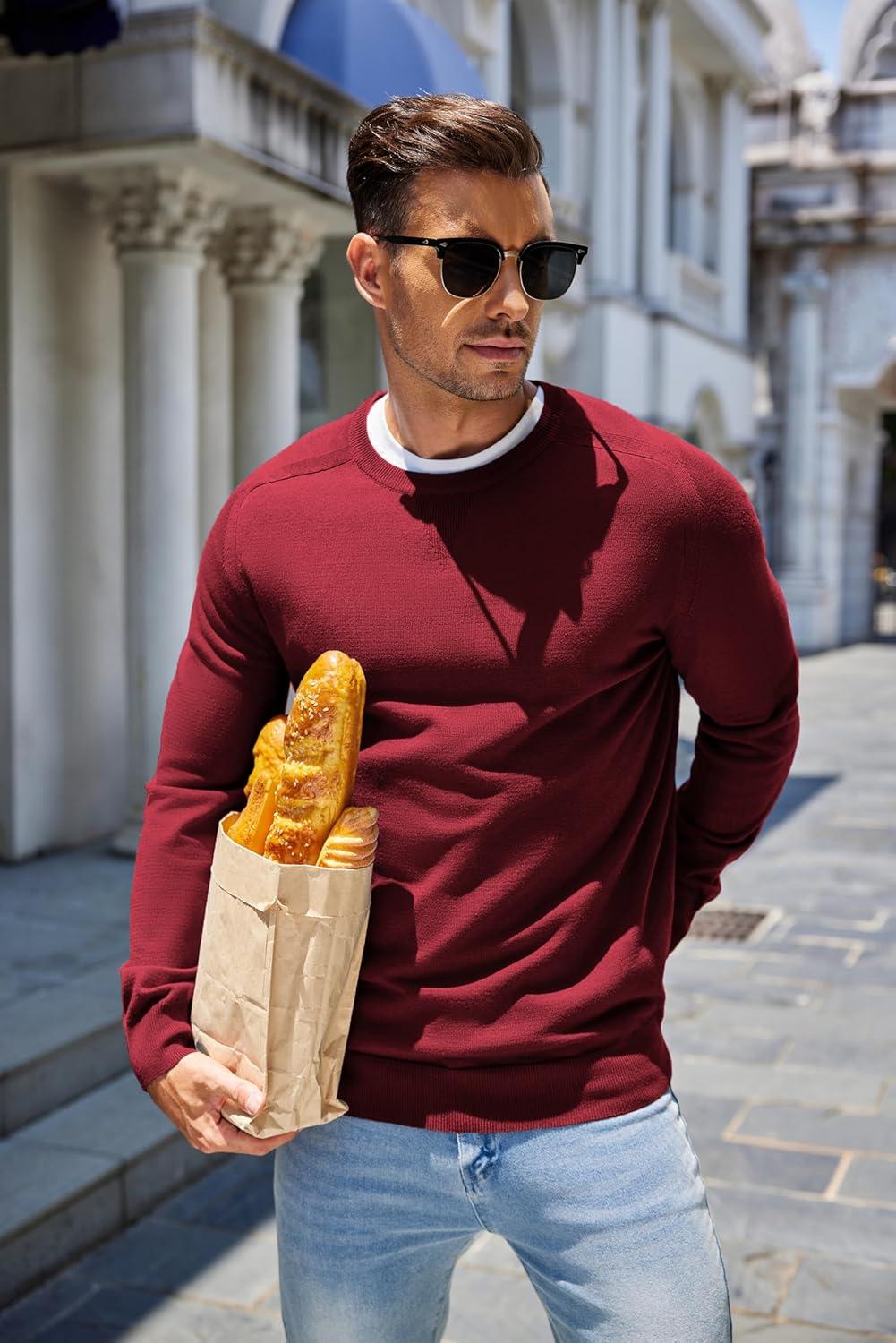 imageCOOFANDY Mens Sweater Crewneck Pullover Long Sleeve Lightweight Sweater Plain Knit Silm FitDark Red