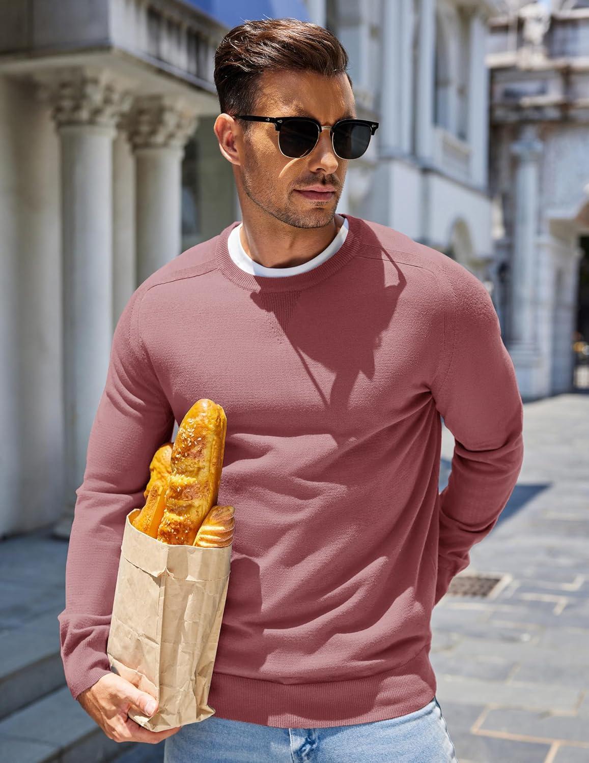 imageCOOFANDY Mens Sweater Crewneck Pullover Long Sleeve Lightweight Sweater Plain Knit Silm FitDusty Pink