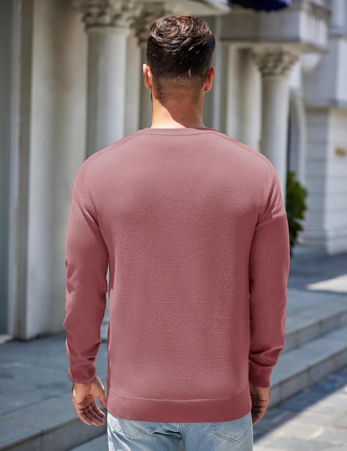 imageCOOFANDY Mens Sweater Crewneck Pullover Long Sleeve Lightweight Sweater Plain Knit Silm FitDusty Pink