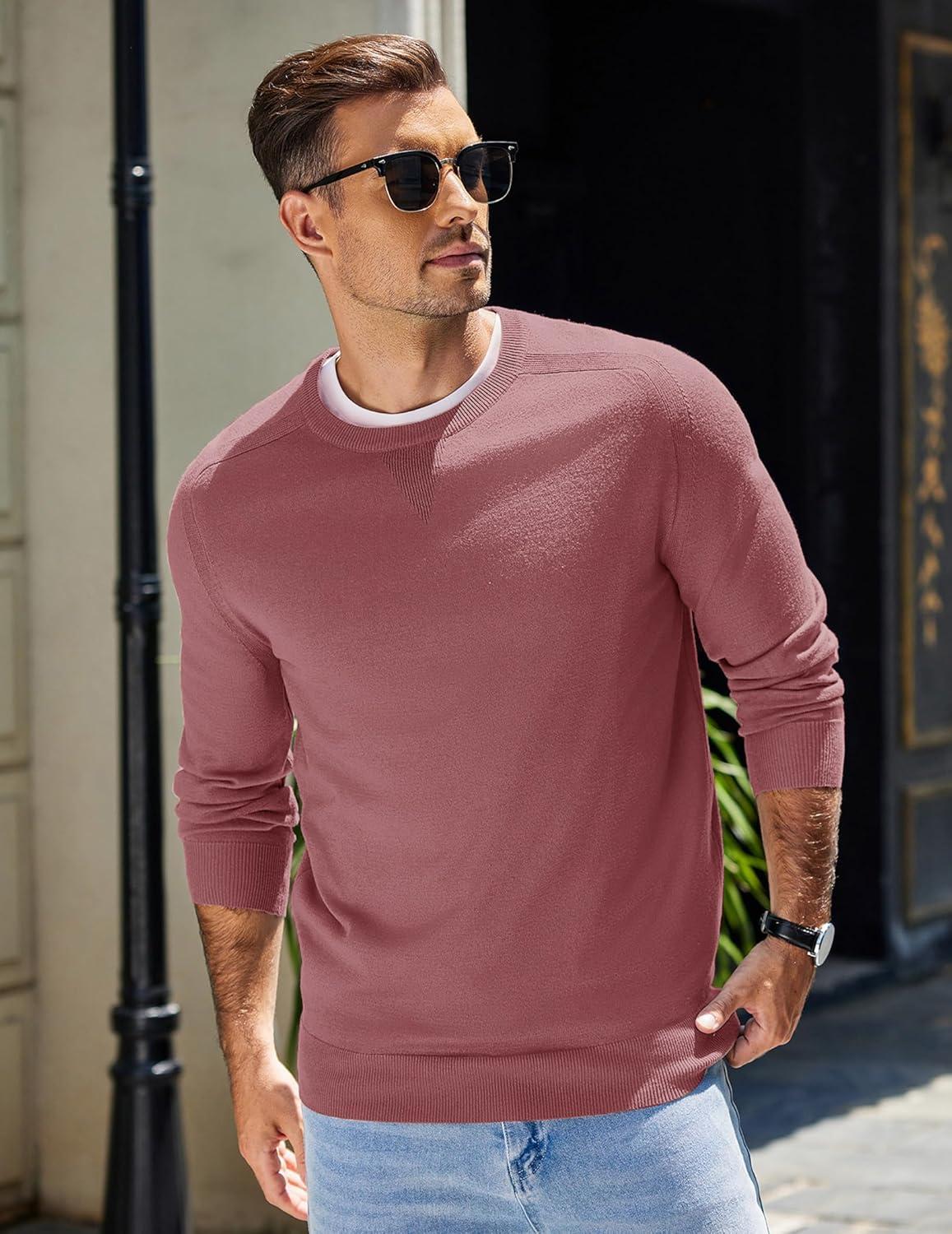 imageCOOFANDY Mens Sweater Crewneck Pullover Long Sleeve Lightweight Sweater Plain Knit Silm FitDusty Pink