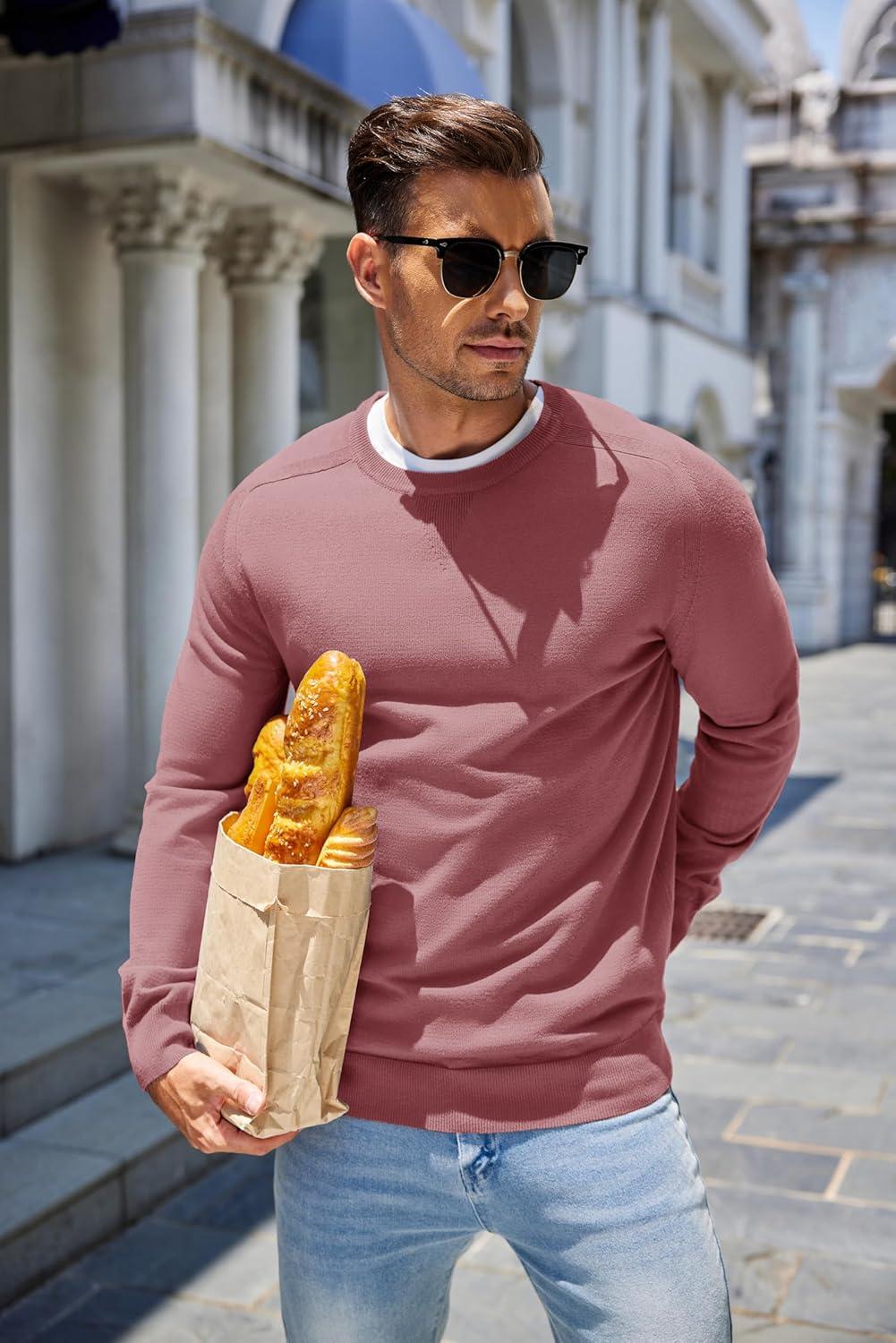 imageCOOFANDY Mens Sweater Crewneck Pullover Long Sleeve Lightweight Sweater Plain Knit Silm FitDusty Pink