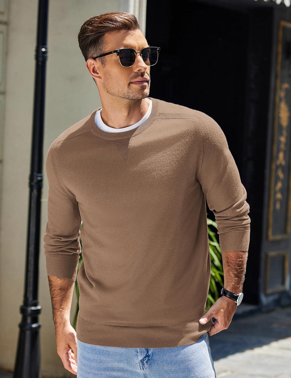 imageCOOFANDY Mens Sweater Crewneck Pullover Long Sleeve Lightweight Sweater Plain Knit Silm FitLight Brown