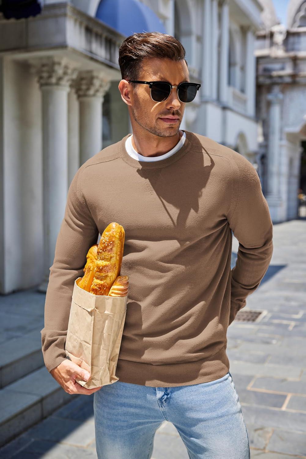 imageCOOFANDY Mens Sweater Crewneck Pullover Long Sleeve Lightweight Sweater Plain Knit Silm FitLight Brown