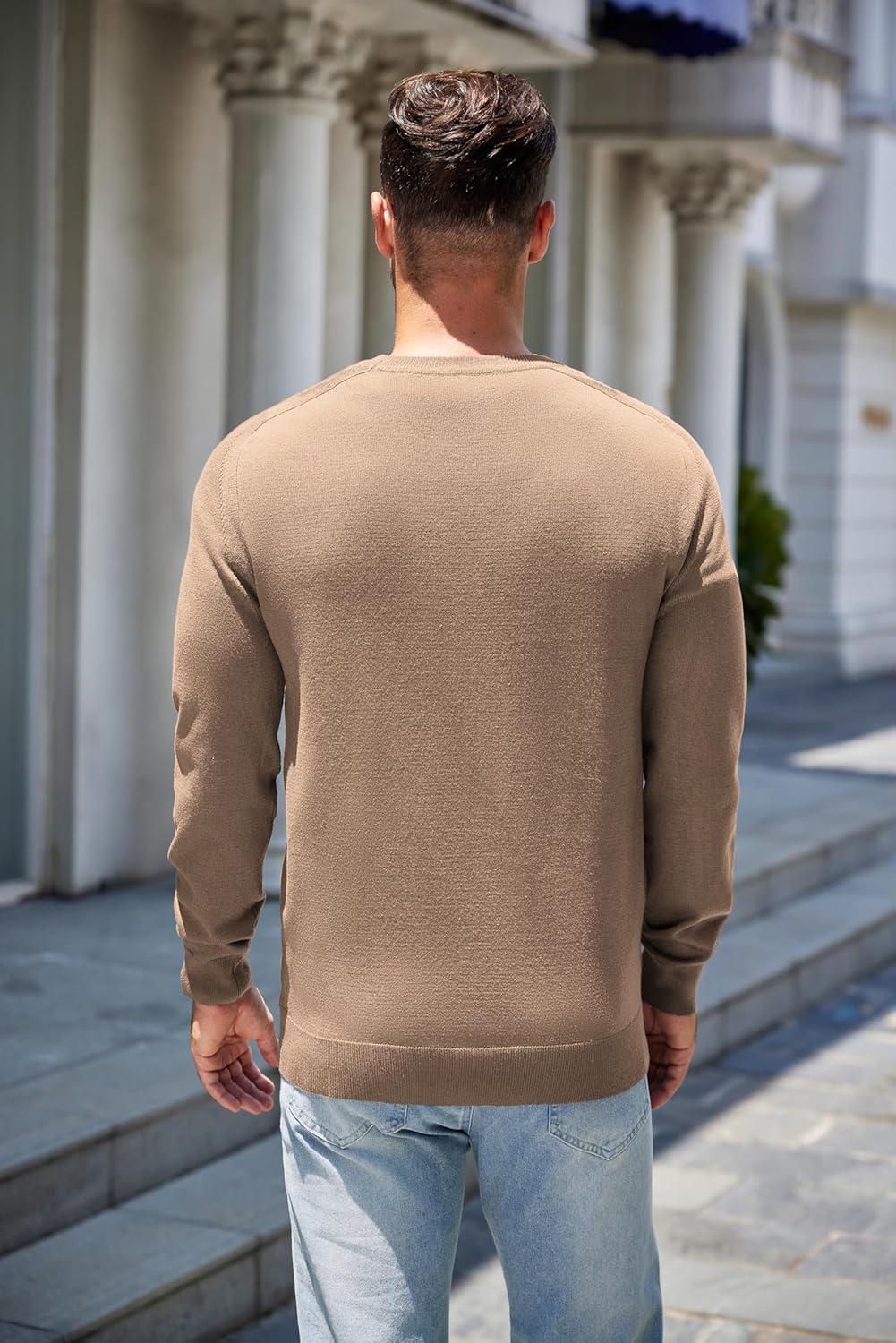 imageCOOFANDY Mens Sweater Crewneck Pullover Long Sleeve Lightweight Sweater Plain Knit Silm FitLight Brown