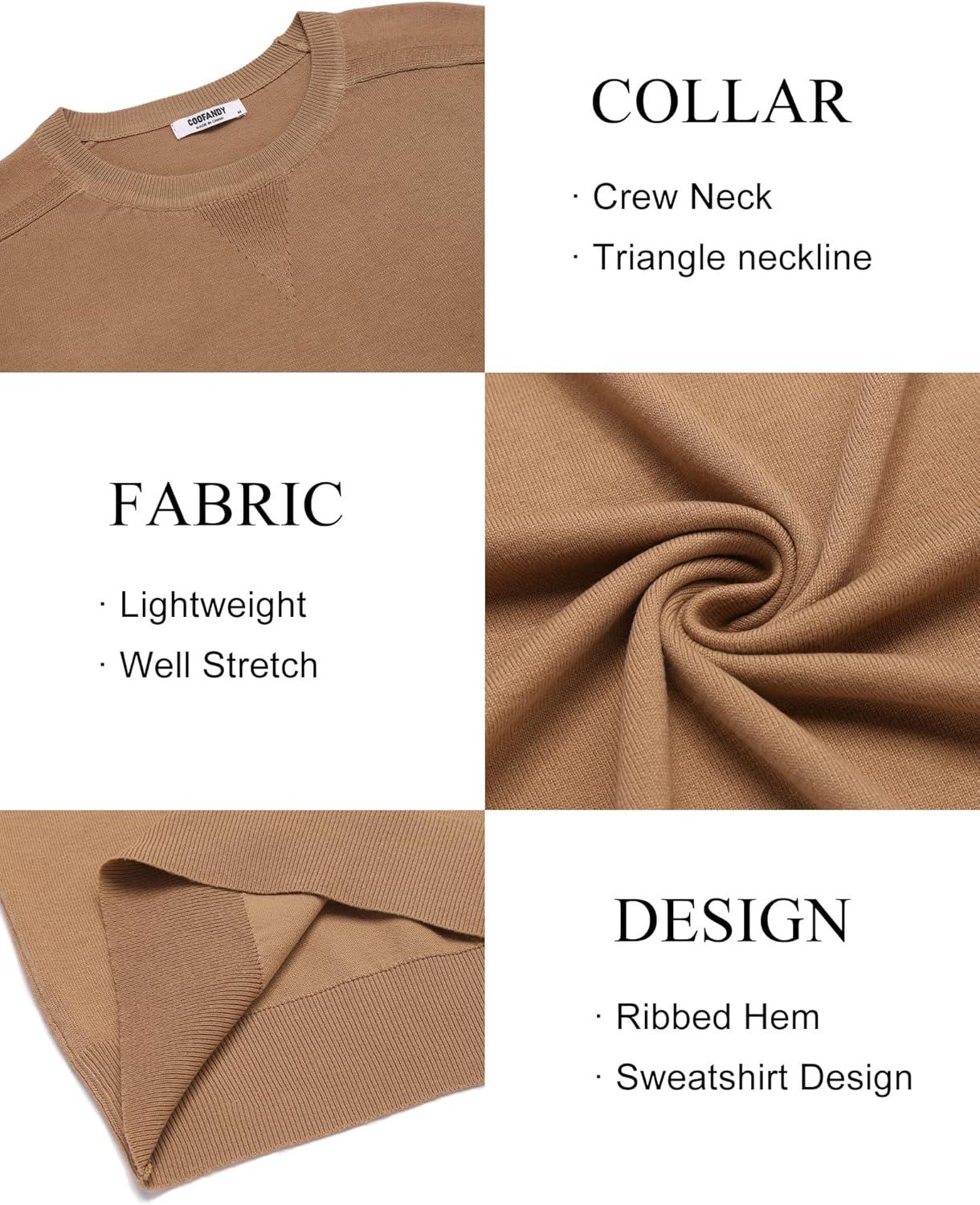 imageCOOFANDY Mens Sweater Crewneck Pullover Long Sleeve Lightweight Sweater Plain Knit Silm FitLight Brown