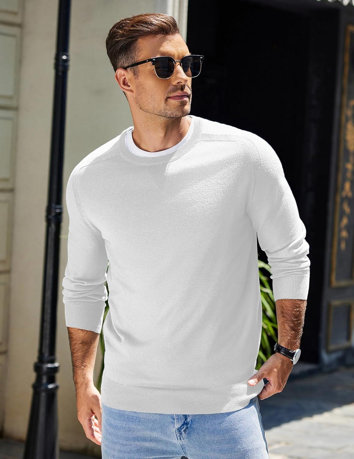 imageCOOFANDY Mens Sweater Crewneck Pullover Long Sleeve Lightweight Sweater Plain Knit Silm FitWhite