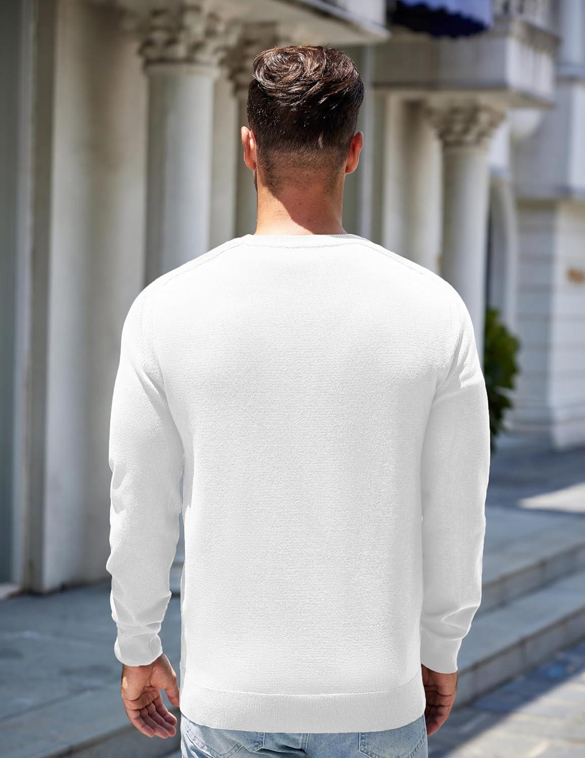 imageCOOFANDY Mens Sweater Crewneck Pullover Long Sleeve Lightweight Sweater Plain Knit Silm FitWhite