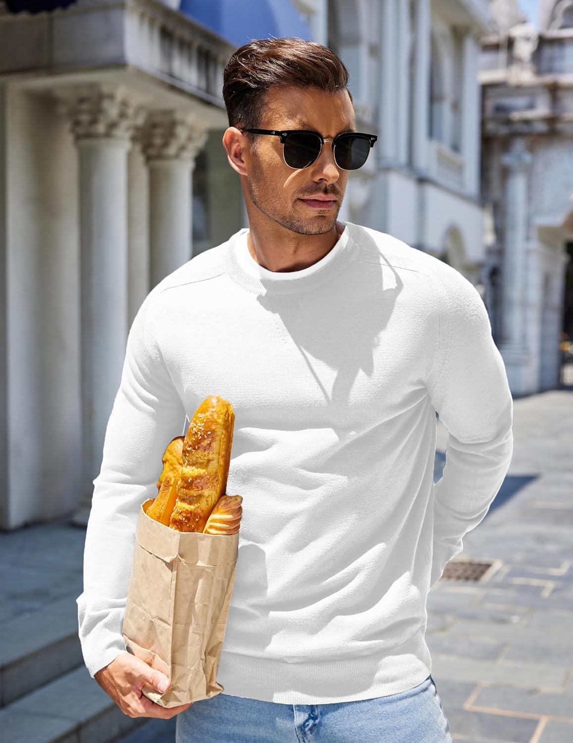 imageCOOFANDY Mens Sweater Crewneck Pullover Long Sleeve Lightweight Sweater Plain Knit Silm FitWhite