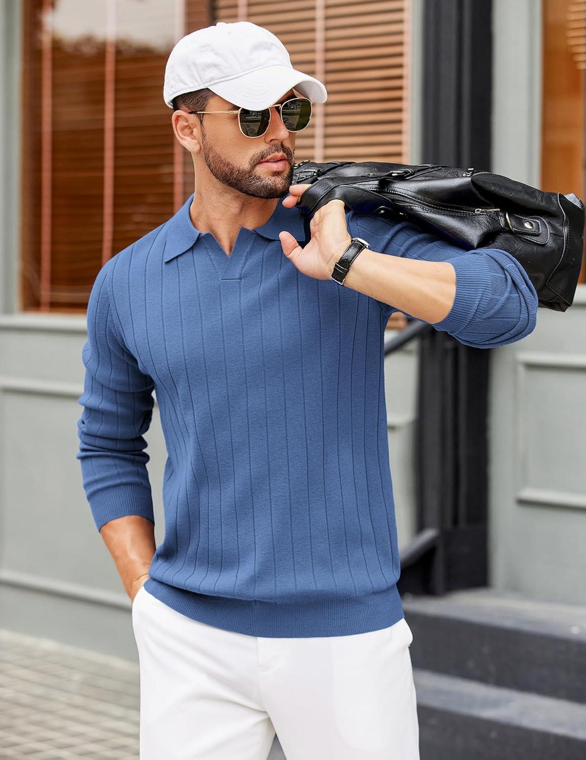 imageCOOFANDY Mens Sweaters Polos Long Sleeve V Neck Knit Polo Lightweight Casual Pullover SweaterDemin Blue