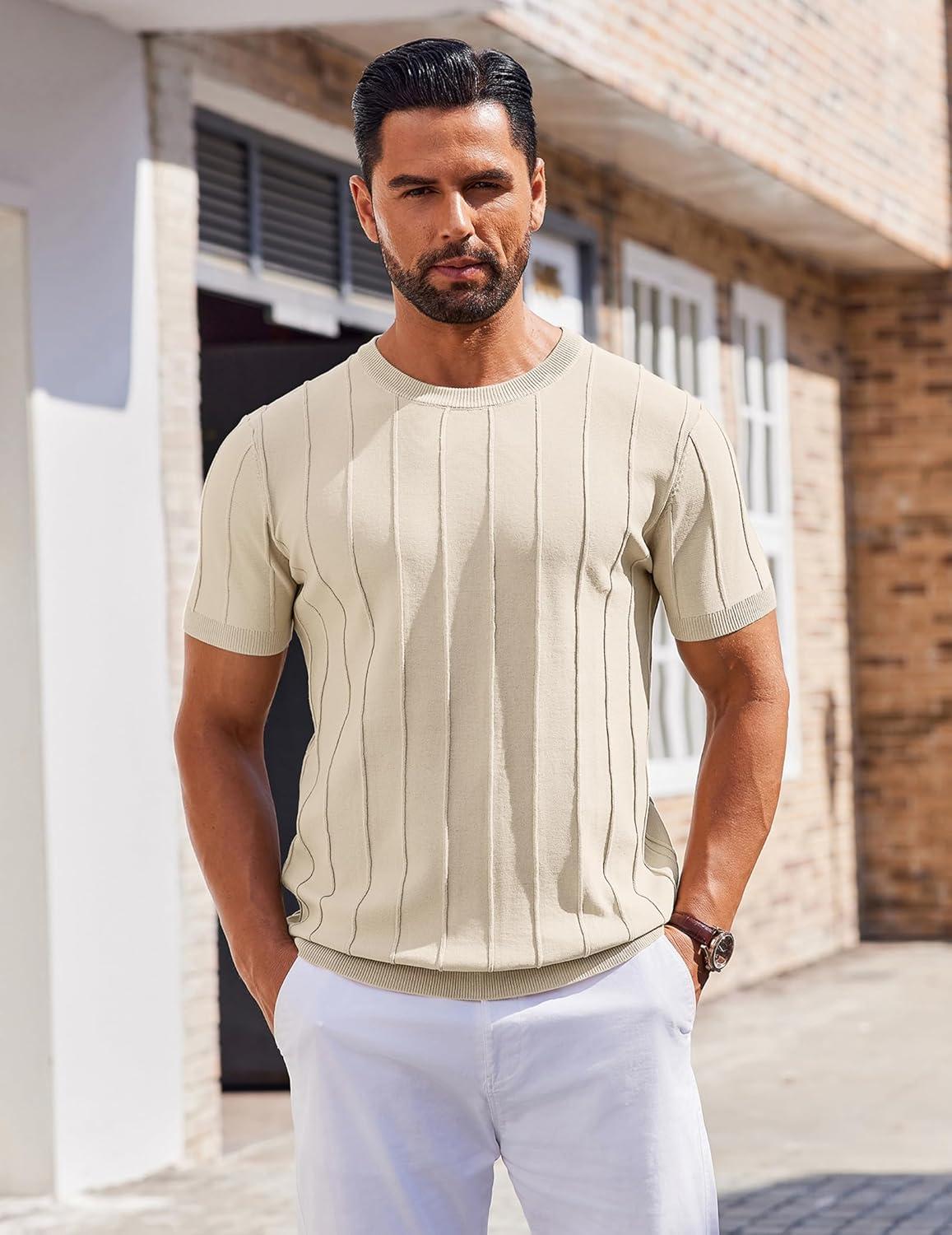 imageCOOFANDY Mens T Shirts Short Sleeve Knit Sweater Shirt Casual Crewneck Ribbed Pullover TeesBeige