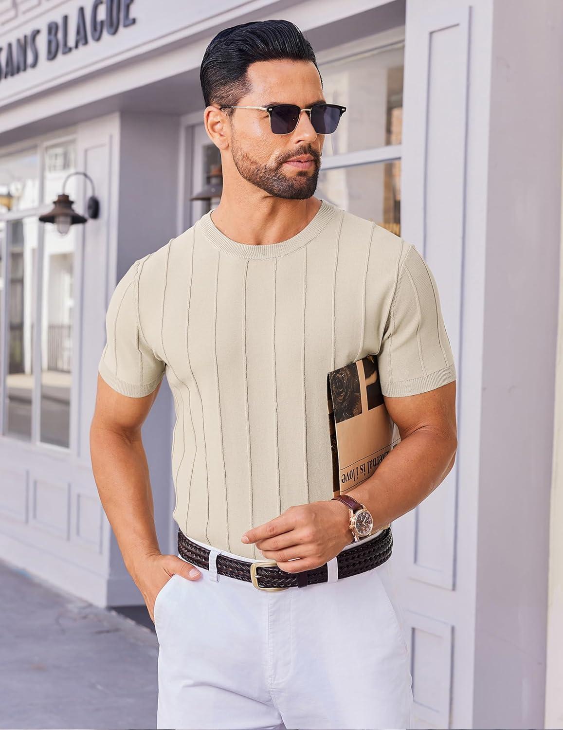 imageCOOFANDY Mens T Shirts Short Sleeve Knit Sweater Shirt Casual Crewneck Ribbed Pullover TeesBeige