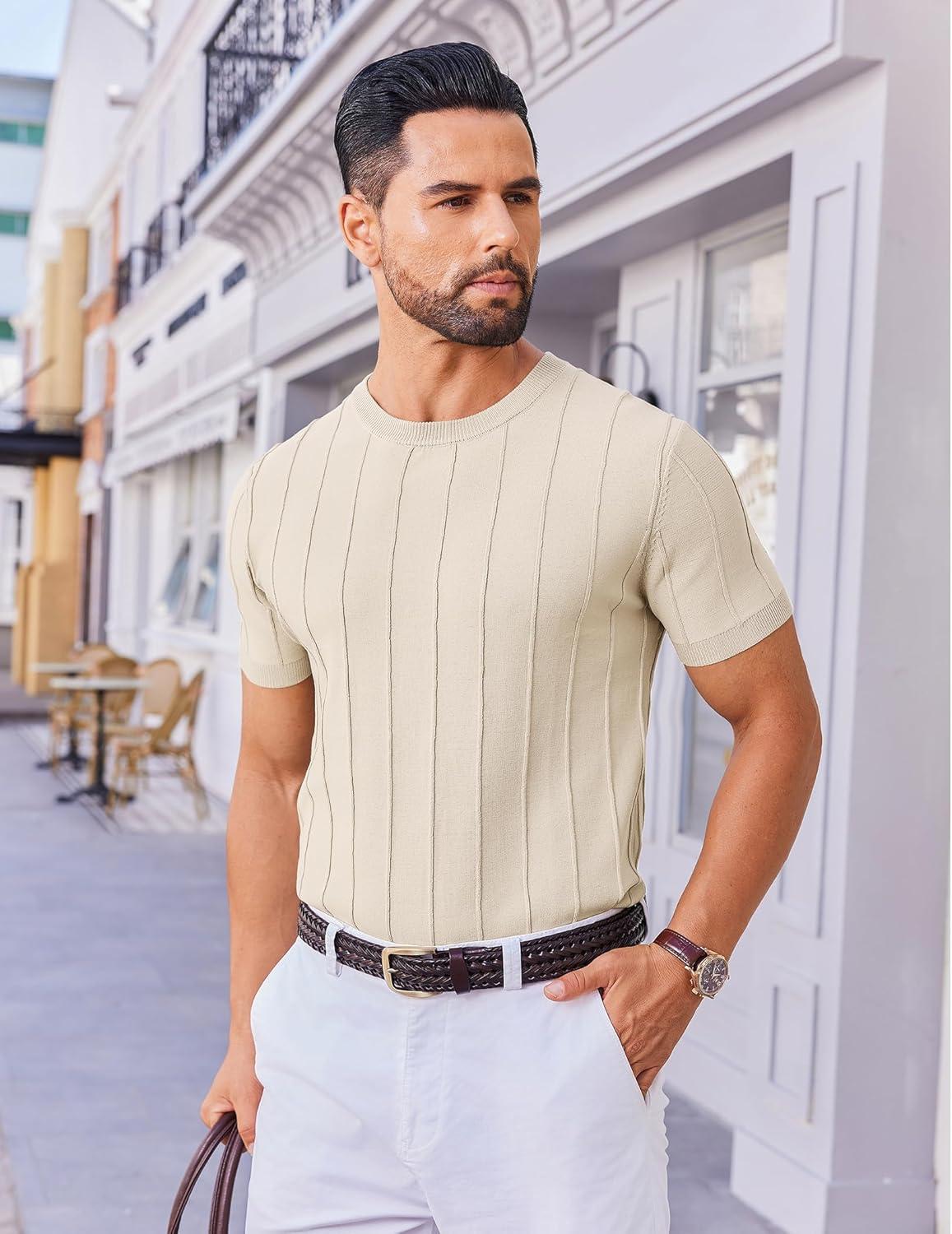 imageCOOFANDY Mens T Shirts Short Sleeve Knit Sweater Shirt Casual Crewneck Ribbed Pullover TeesBeige