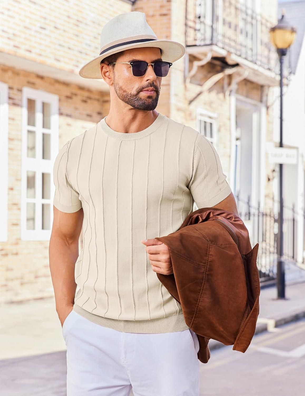 imageCOOFANDY Mens T Shirts Short Sleeve Knit Sweater Shirt Casual Crewneck Ribbed Pullover TeesBeige