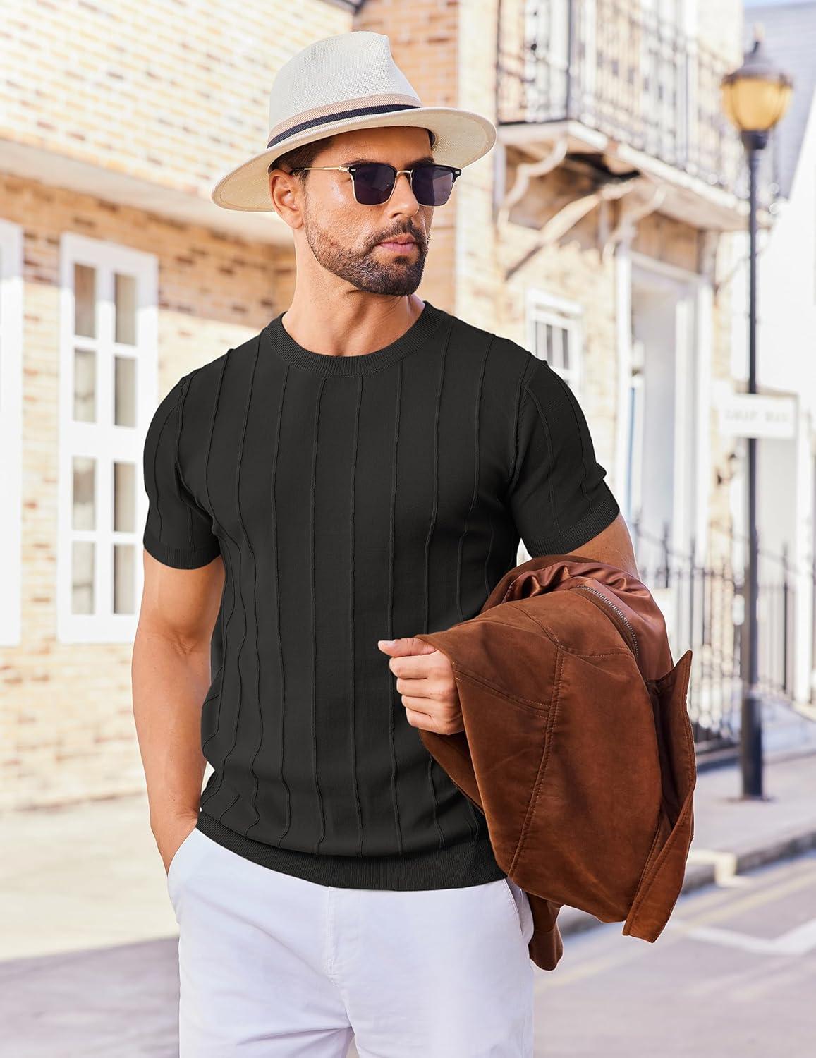 imageCOOFANDY Mens T Shirts Short Sleeve Knit Sweater Shirt Casual Crewneck Ribbed Pullover TeesBlack