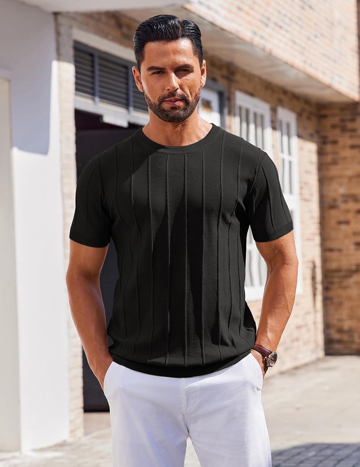 imageCOOFANDY Mens T Shirts Short Sleeve Knit Sweater Shirt Casual Crewneck Ribbed Pullover TeesBlack