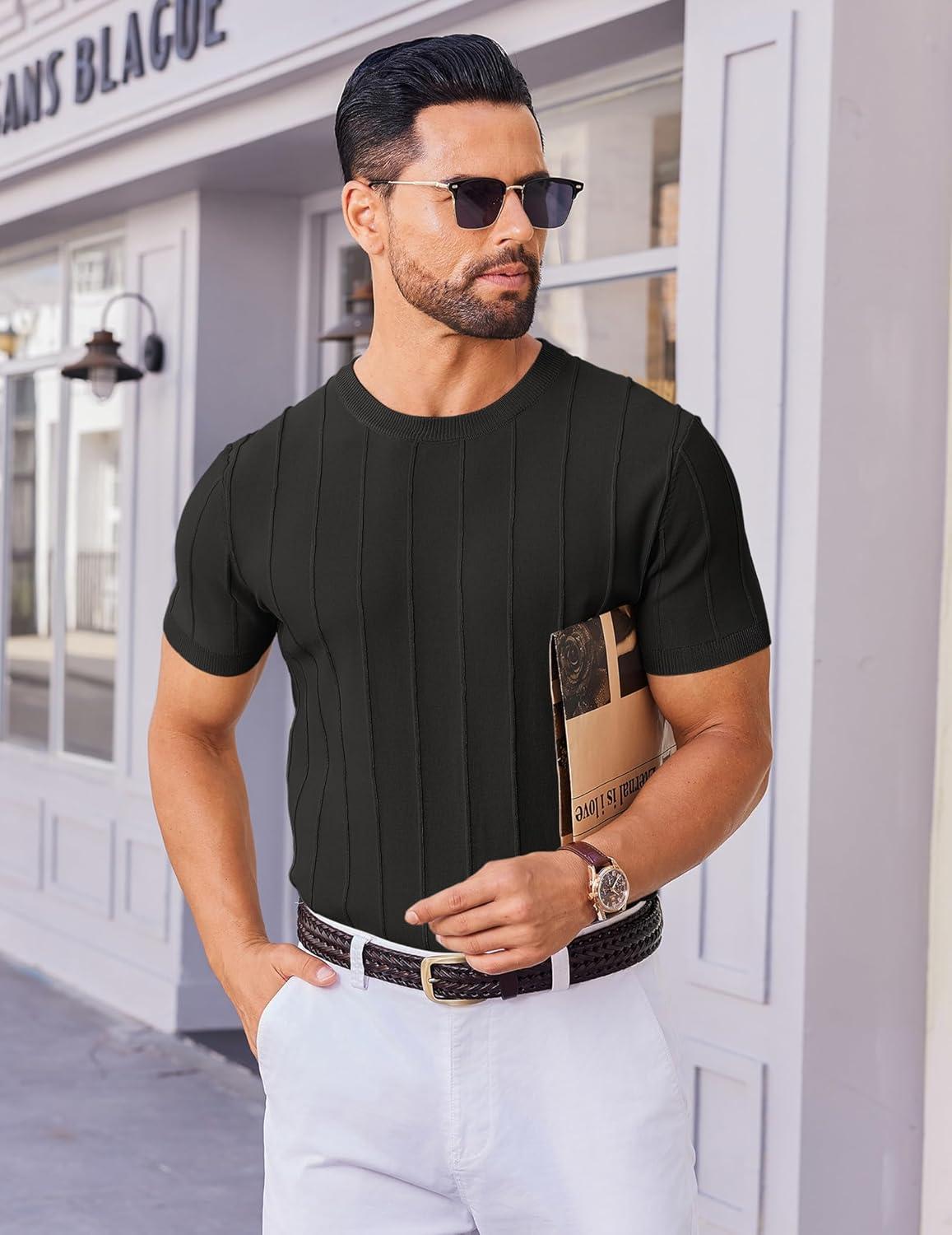 imageCOOFANDY Mens T Shirts Short Sleeve Knit Sweater Shirt Casual Crewneck Ribbed Pullover TeesBlack