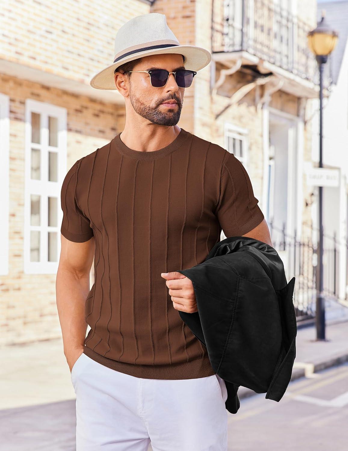 imageCOOFANDY Mens T Shirts Short Sleeve Knit Sweater Shirt Casual Crewneck Ribbed Pullover TeesBrown