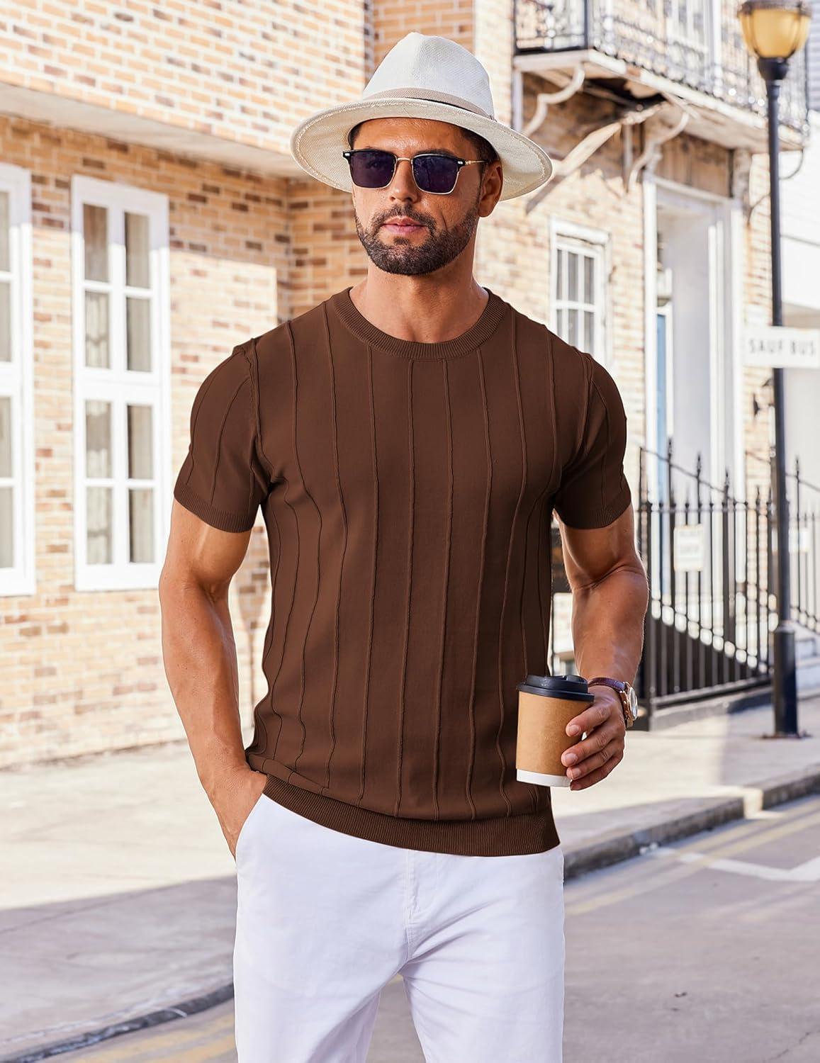 imageCOOFANDY Mens T Shirts Short Sleeve Knit Sweater Shirt Casual Crewneck Ribbed Pullover TeesBrown