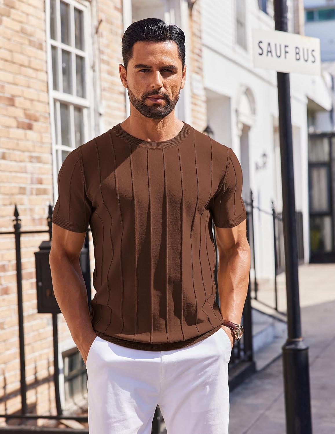 imageCOOFANDY Mens T Shirts Short Sleeve Knit Sweater Shirt Casual Crewneck Ribbed Pullover TeesBrown