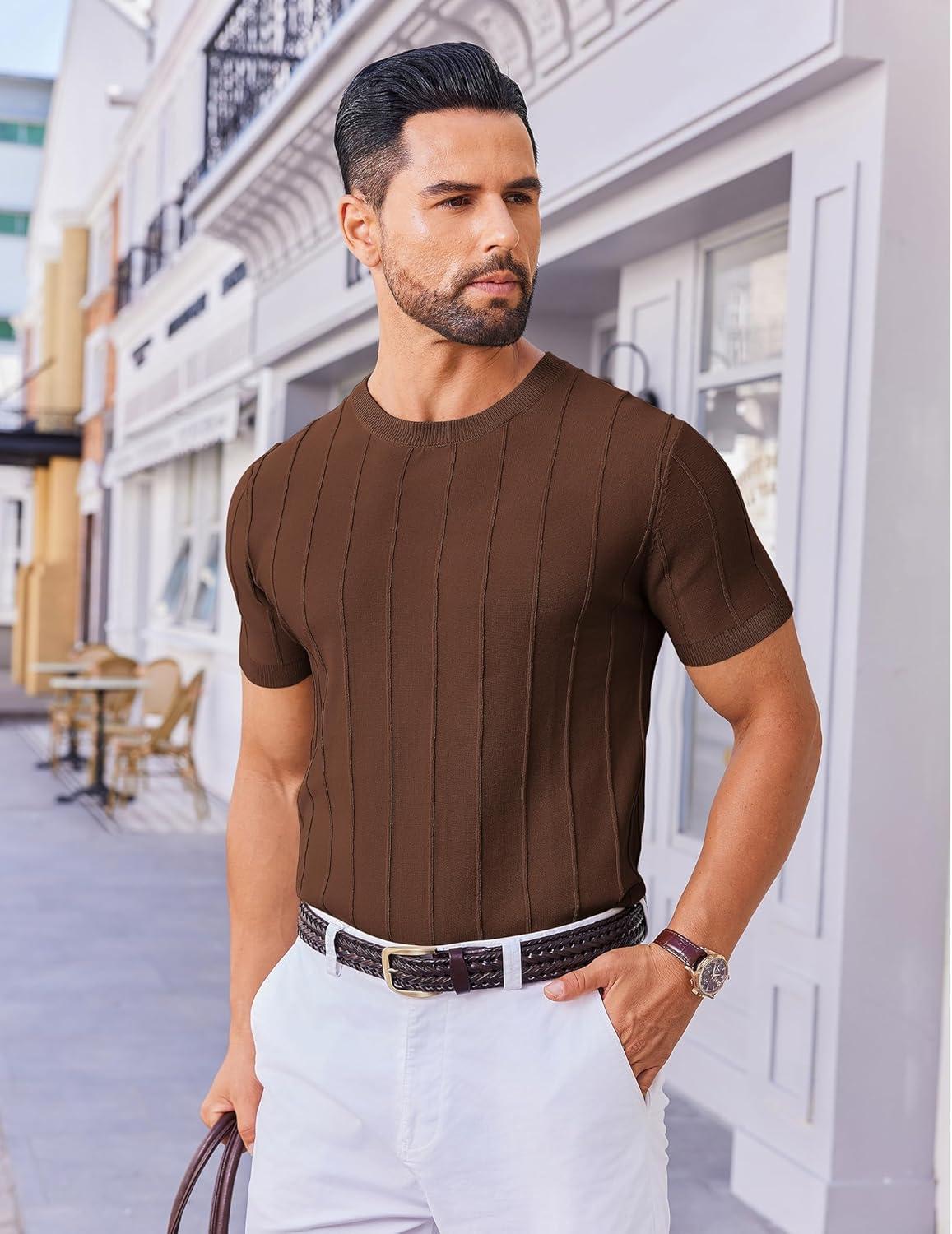 imageCOOFANDY Mens T Shirts Short Sleeve Knit Sweater Shirt Casual Crewneck Ribbed Pullover TeesBrown
