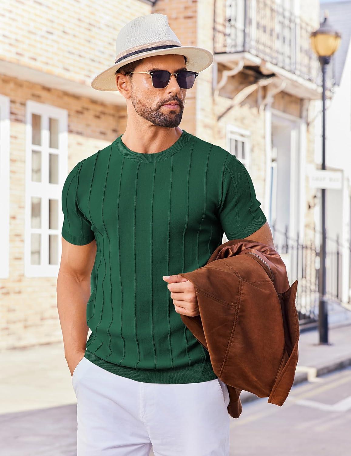 imageCOOFANDY Mens T Shirts Short Sleeve Knit Sweater Shirt Casual Crewneck Ribbed Pullover TeesDeep Green