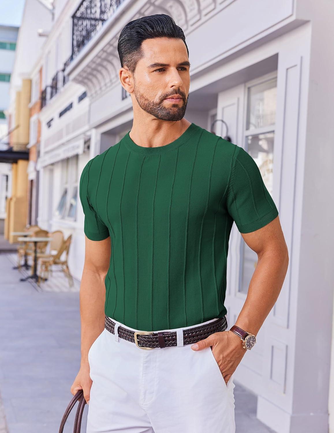 imageCOOFANDY Mens T Shirts Short Sleeve Knit Sweater Shirt Casual Crewneck Ribbed Pullover TeesDeep Green